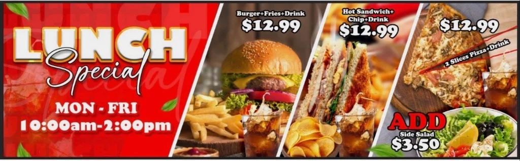 Campbell Pizza lunch special: Burger, hot sandwich, or 2 slices pizza with drink for $12.99 each, Mon-Fri 10am-2pm. Add side salad $3.50.